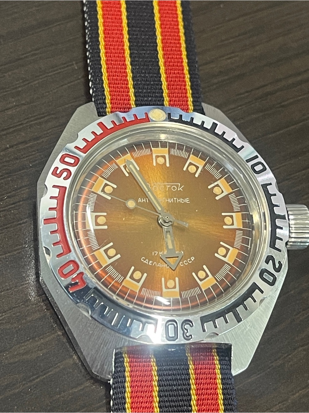 Vostok Brown Gradient Diver Watch with Red & Black NATO Strap